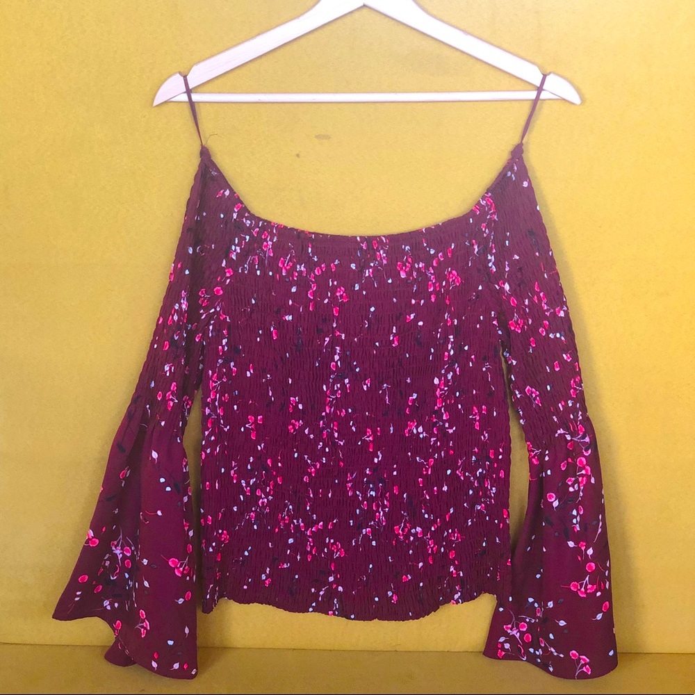 Express Off the Shoulder Long-Sleeve Top w/ Flare Sleeves in Maroon, Medium